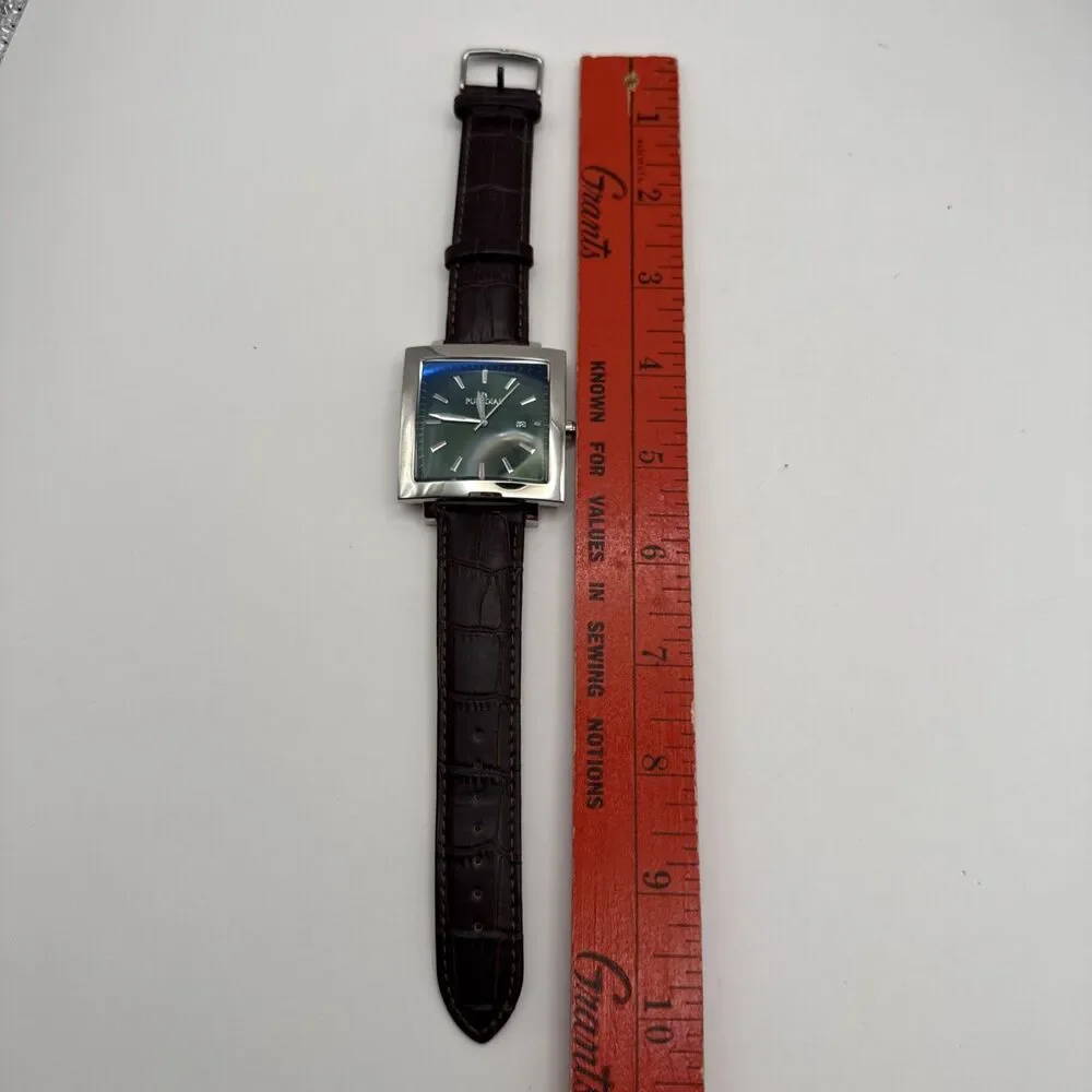 Puredial Square Legacy 1860s Style Mens Stainless Steel Watch Brown Leather Band